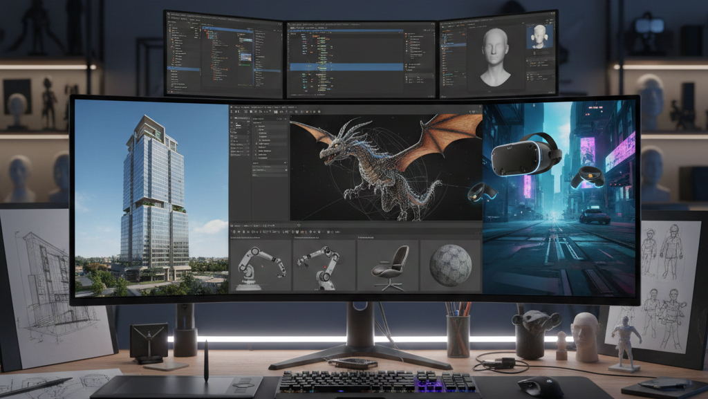 obraz przedstawia zaawansowaną stację roboczą, która jest idealnym miejscem pracy dla profesjonalisty zajmującego się grafiką 3D, wizualizacjami i animacją