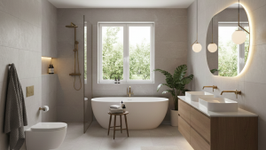 Jasny i przestronny obraz przedstawia nowocześnie zaprojektowaną łazienkę