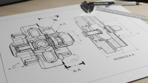 Obraz przedstawia stanowisko pracy inżyniera lub projektanta z centralnym elementem w postaci wydrukowanego rysunku technicznego