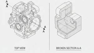 Obraz przedstawia ilustrację techniczną, która wizualizuje koncepcję przekroju łamanego w rysunku inżynierskim