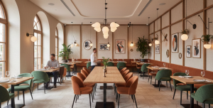 Obraz przedstawia nowoczesne i eleganckie wnętrze restauracji utrzymane w jasnej, ciepłej palecie barw, z akcentami zieleni i pomarańczowego brązu